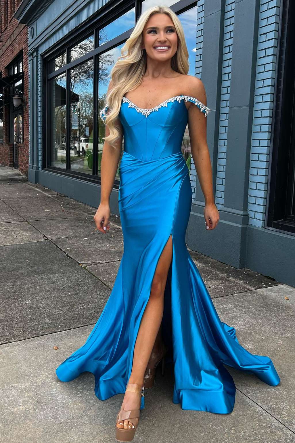 Off the Shoulder Beaded Blue Mermaid Prom Dress with Slit FancyVestido Off the Shoulder Beaded Blue Mermaid Prom Dress with Slit FancyVestido