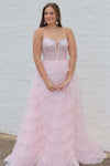 Straps Plunging Neck Pink Sequin Tiered Prom Gown