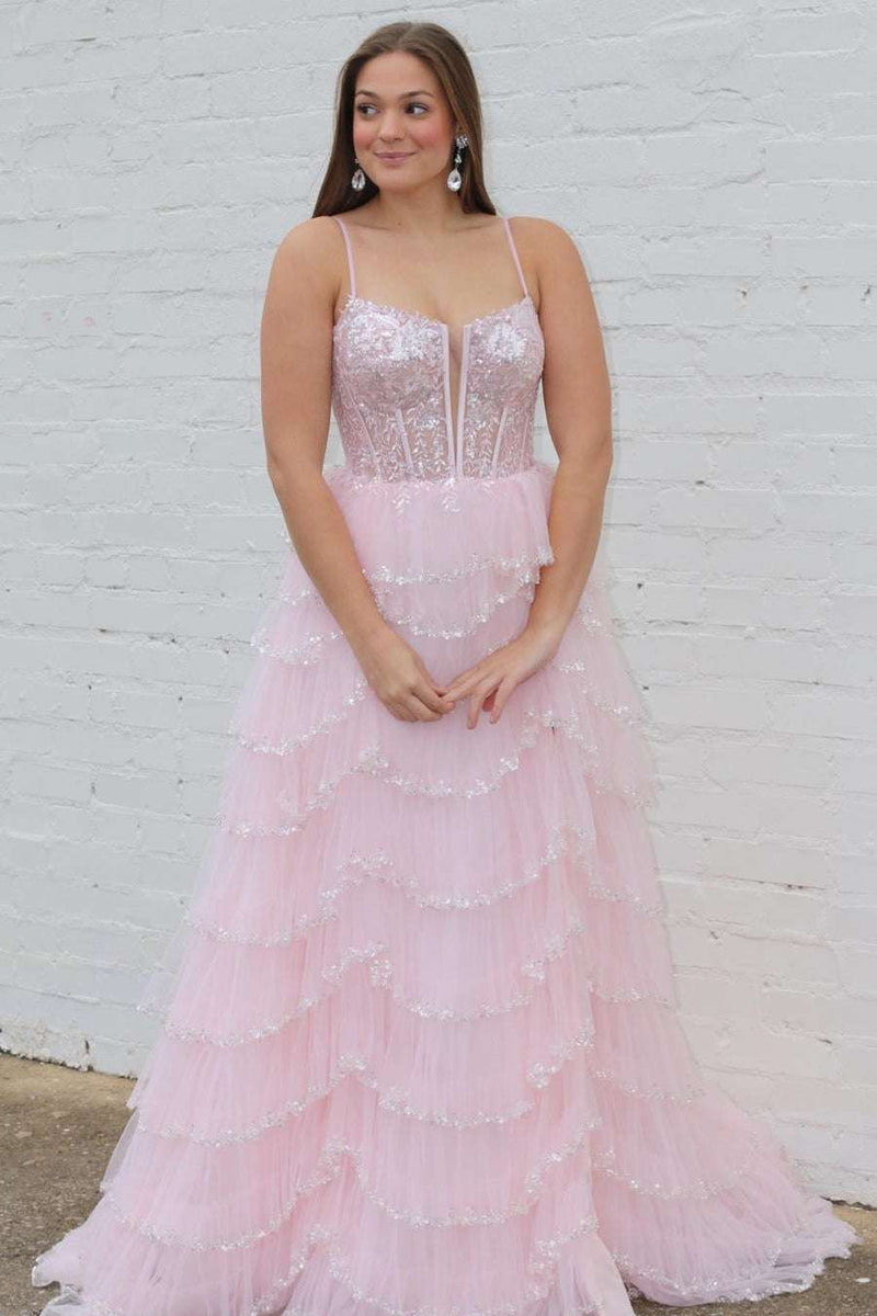 Straps Plunging Neck Pink Sequin Tiered Prom Gown