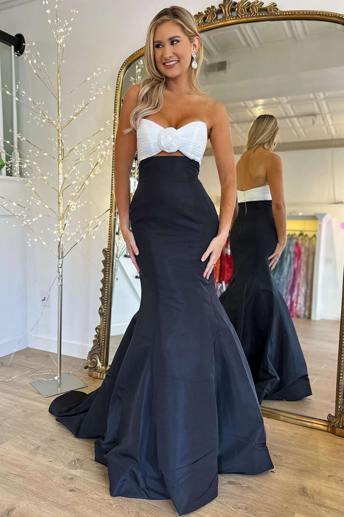 Strapless White and Black Ruched Mermaid Prom Dress FancyVestido Strapless White and Black Ruched Mermaid Prom Dress FancyVestido