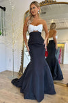 Strapless White and Black Ruched Mermaid Prom Dress