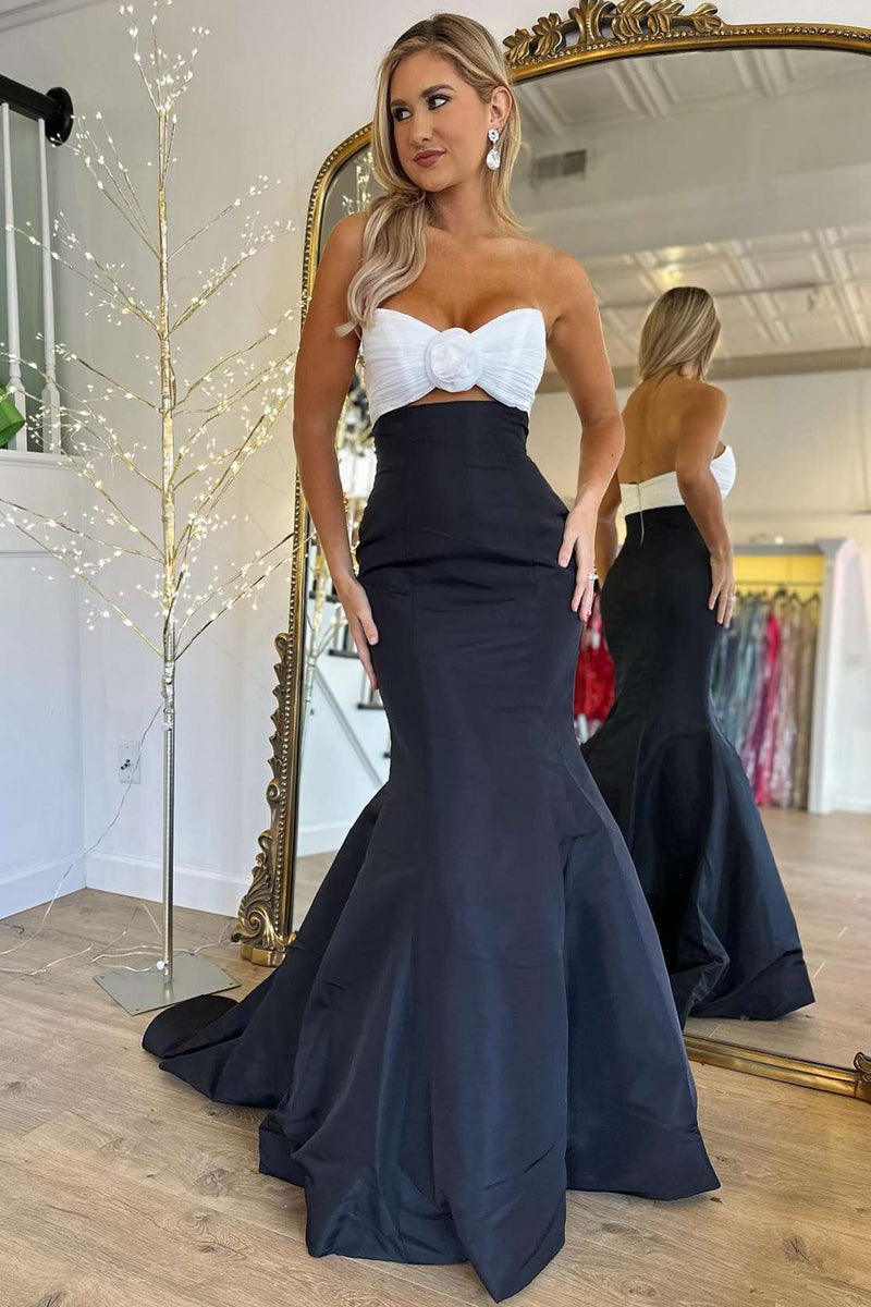 Strapless White and Black Ruched Mermaid Prom Dress main image 1