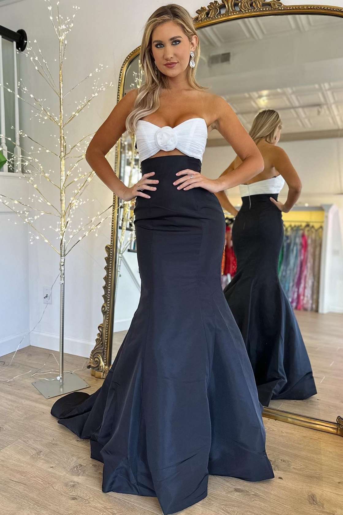 Strapless White and Black Ruched Mermaid Prom Dress FancyVestido Strapless White and Black Ruched Mermaid Prom Dress FancyVestido