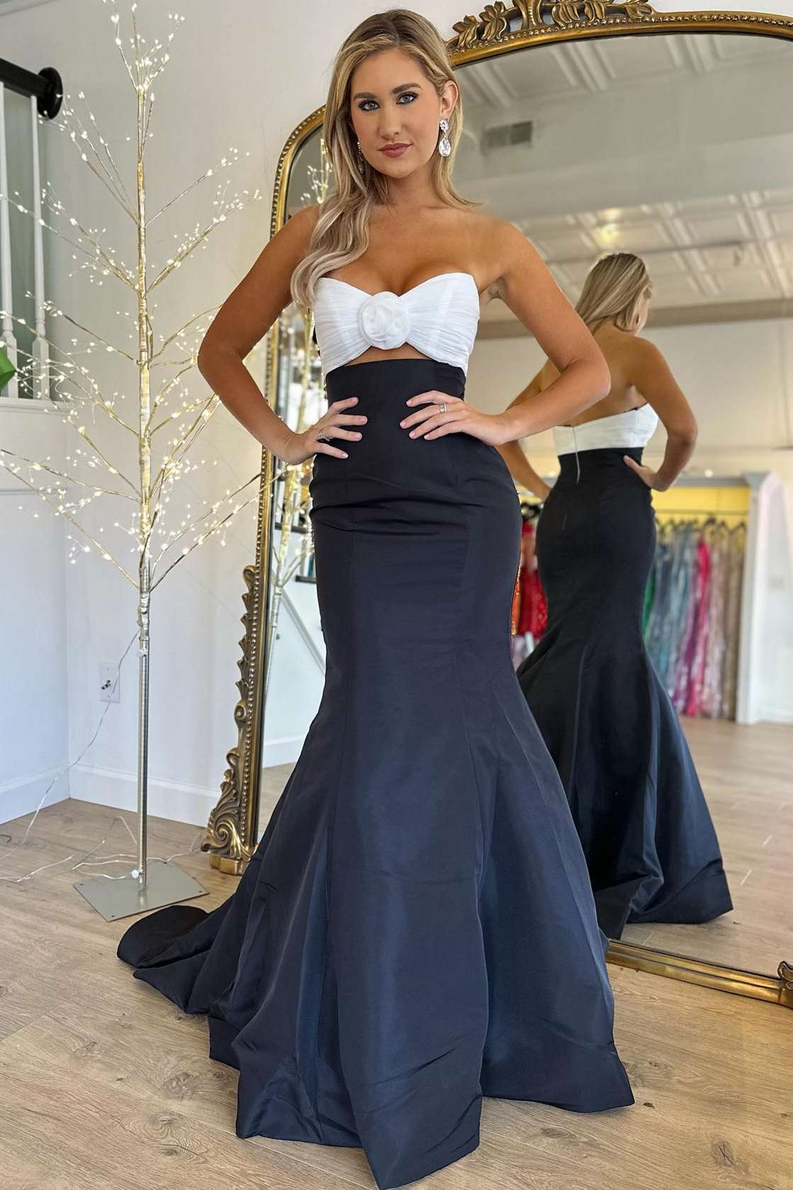 Strapless White and Black Ruched Mermaid Prom Dress