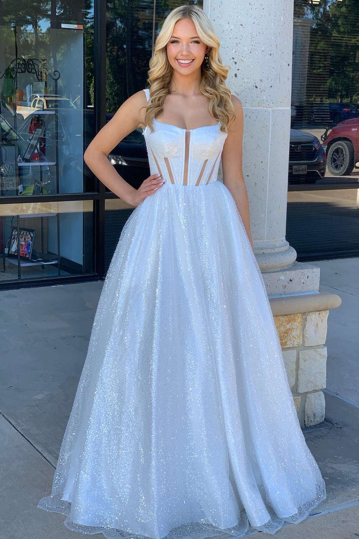 Square Neck White Sequin A-Line Prom Dress FancyVestido Square Neck White Sequin A-Line Prom Dress FancyVestido