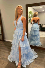 Light Blue Halter Ruffle Long Formal Dress with Appliques