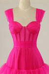 Straps Hot Pink Ruffle Tiered Long Prom Dress
