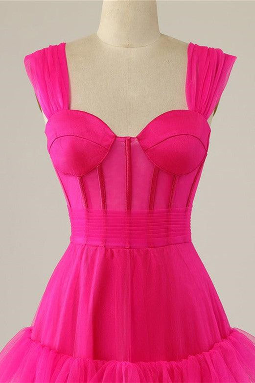 Straps Hot Pink Ruffle Tiered Long Prom Dress