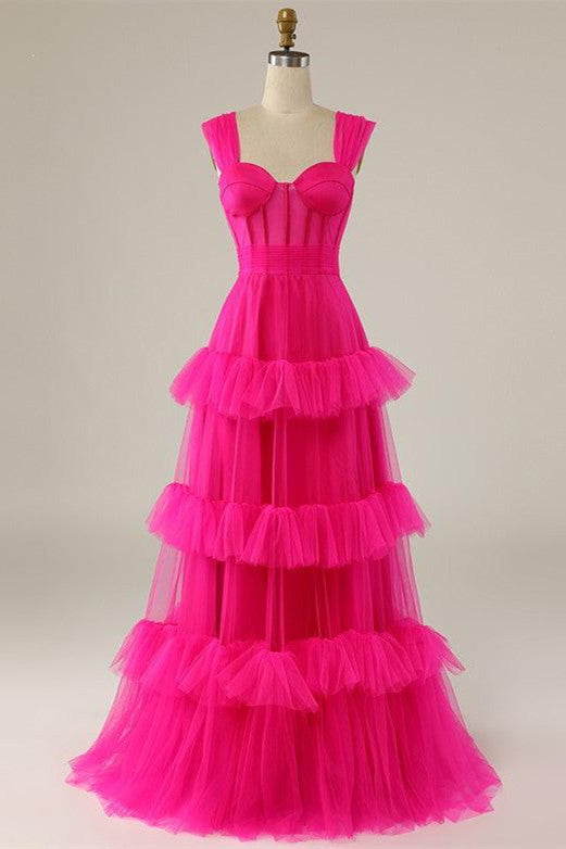 Straps Hot Pink Ruffle Tiered Long Prom Dress – FancyVestido