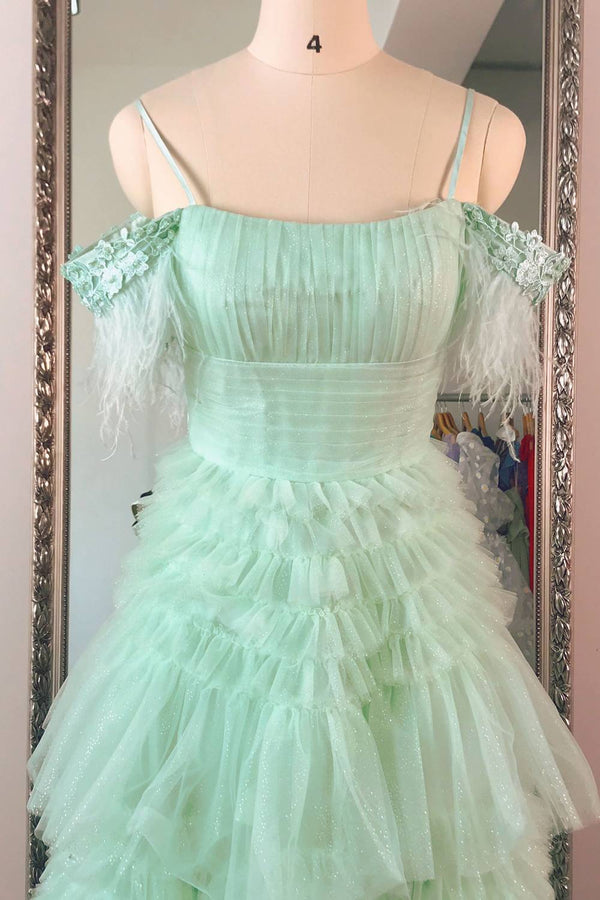 Cold Shoulder Feathers Mint Green Layered Tulle Prom Dress