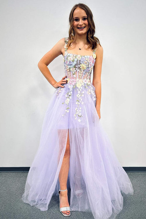 Lavender Straps Floral Short Party Dress with Detachable Cape