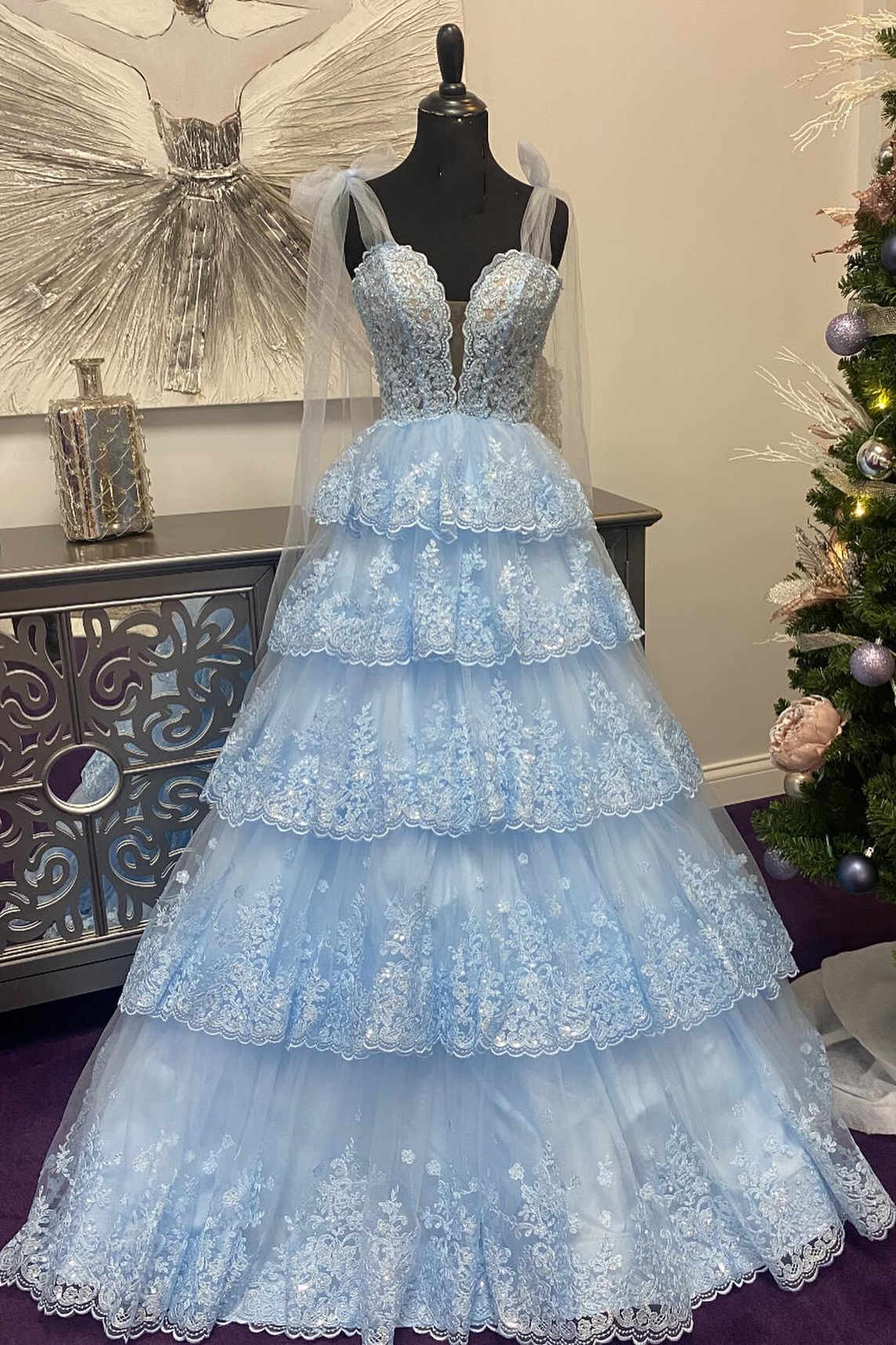 Tie Straps Light Blue Plunging Neck Layered Prom Dress with Appliques –  FancyVestido