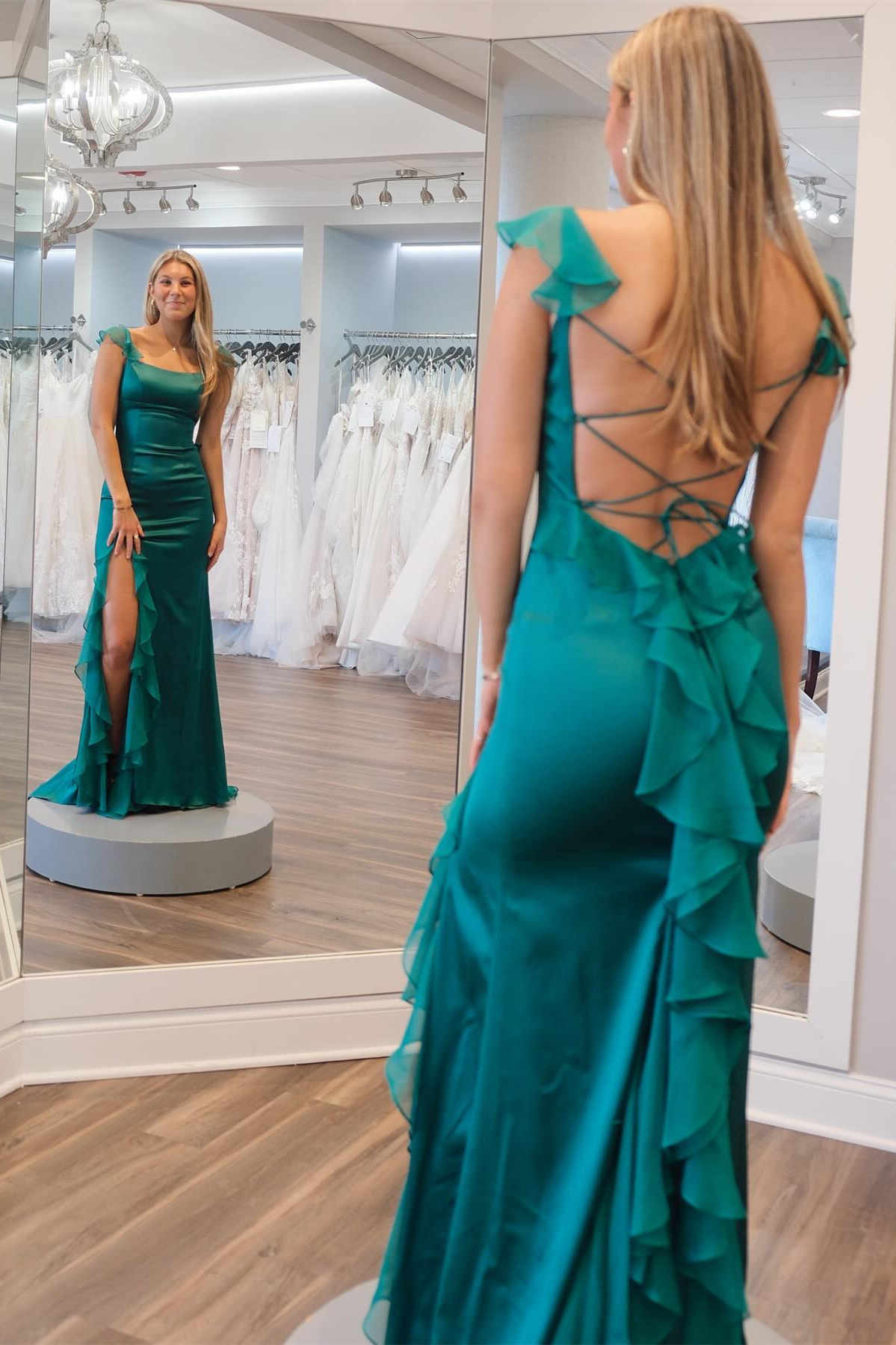 Emerald Green Square Neck Ruffle Slit Prom Dress Back Side