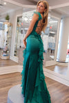 Emerald Green Square Neck Ruffle Slit Prom Dress