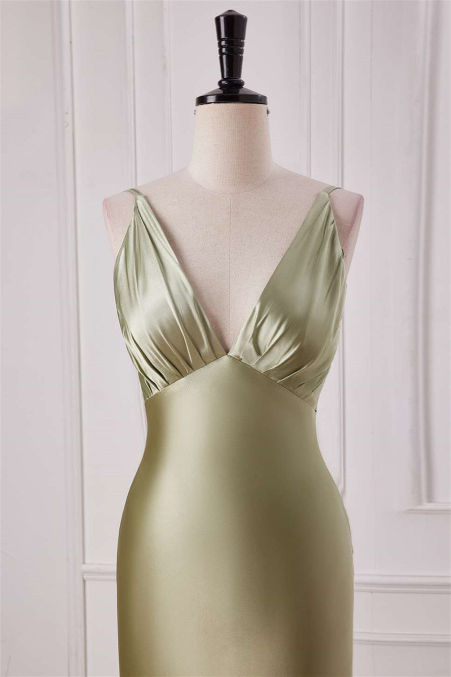 Straps Sage Empire Waist Pleated Satin Maxi Dress FancyVestido Straps Sage Empire Waist Pleated Satin Maxi Dress FancyVestido