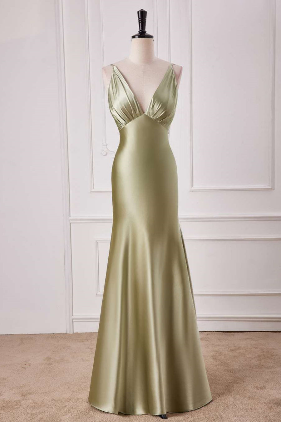 Straps Sage Empire Waist Pleated Satin Maxi Dress FancyVestido Straps Sage Empire Waist Pleated Satin Maxi Dress FancyVestido