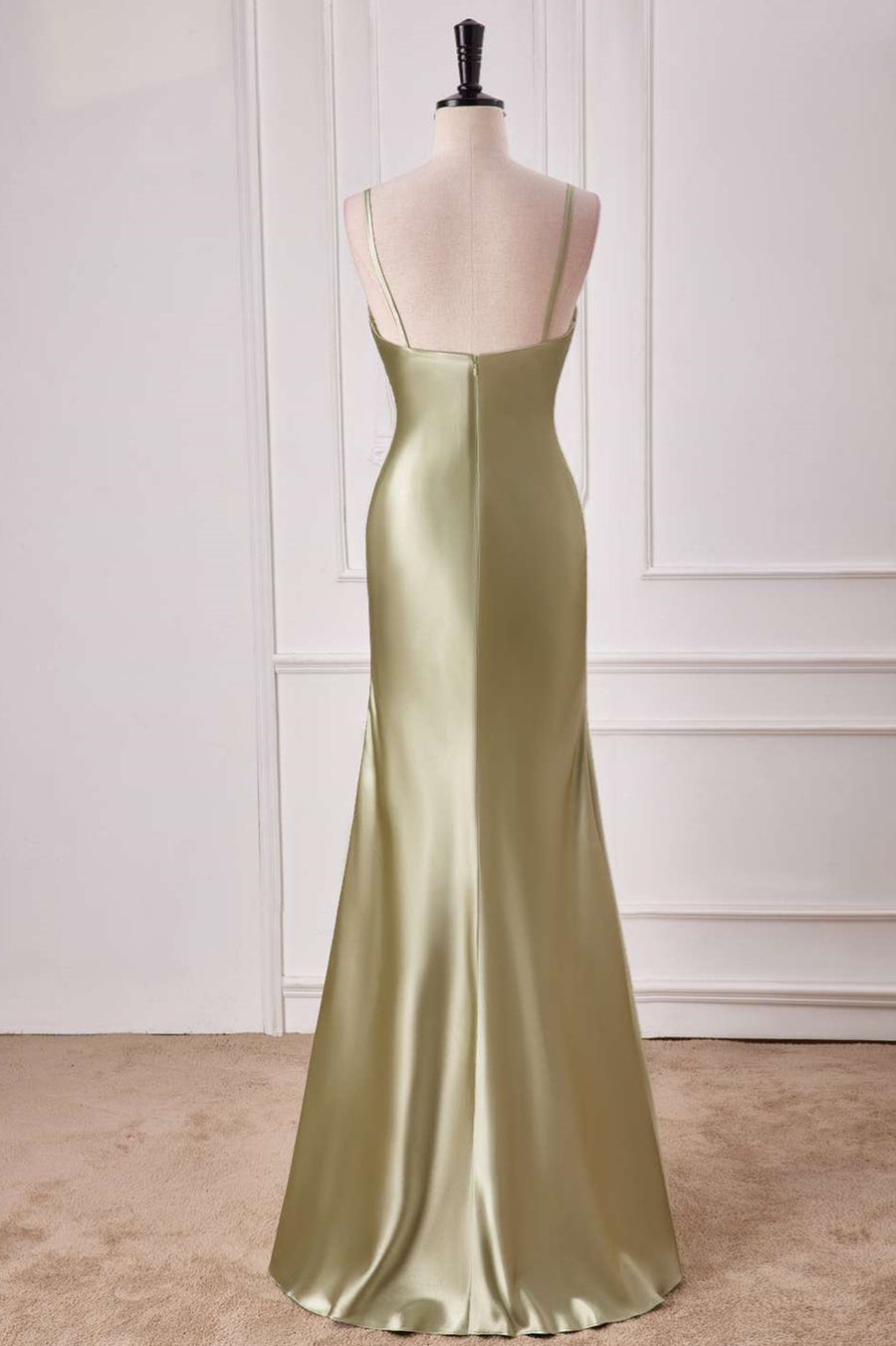 Straps Sage Empire Waist Pleated Satin Maxi Dress FancyVestido Straps Sage Empire Waist Pleated Satin Maxi Dress FancyVestido