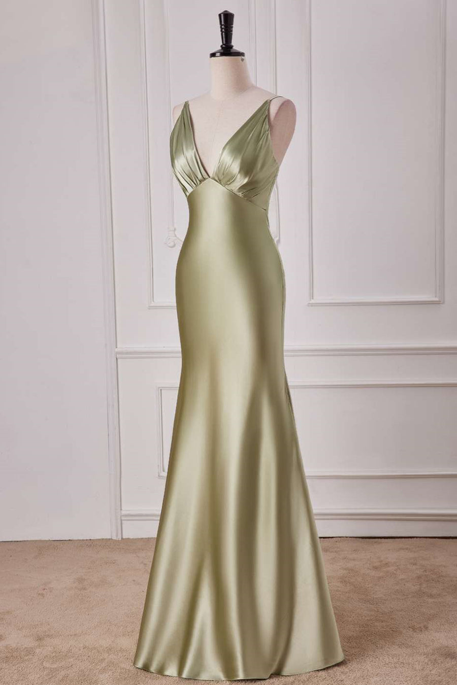 Straps Sage Empire Waist Pleated Satin Maxi Dress FancyVestido Straps Sage Empire Waist Pleated Satin Maxi Dress FancyVestido