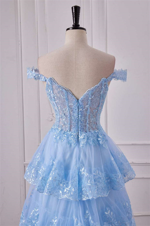 Light Blue Off the Shoulder Floral Layers Long Prom Dress with Slit