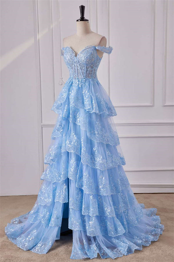 Light Blue Off the Shoulder Floral Layers Long Prom Dress with Slit