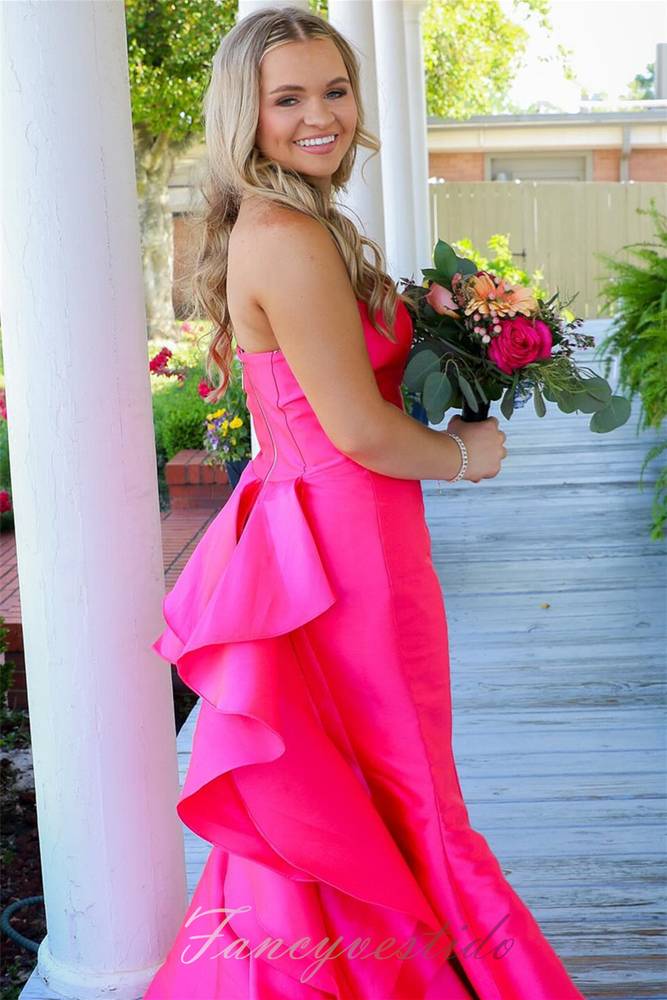 Red Satin Strapless Ruffle Mermaid Long Prom Dress FancyVestido Red Satin Strapless Ruffle Mermaid Long Prom Dress FancyVestido