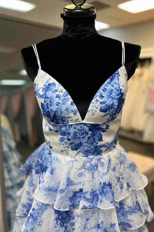 Straps Blue Floral Print High Slit Ruffled Prom Dress