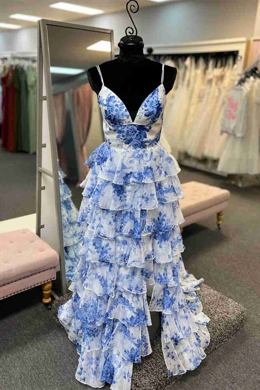 Straps Blue Floral Print High Slit Ruffled Prom Dress