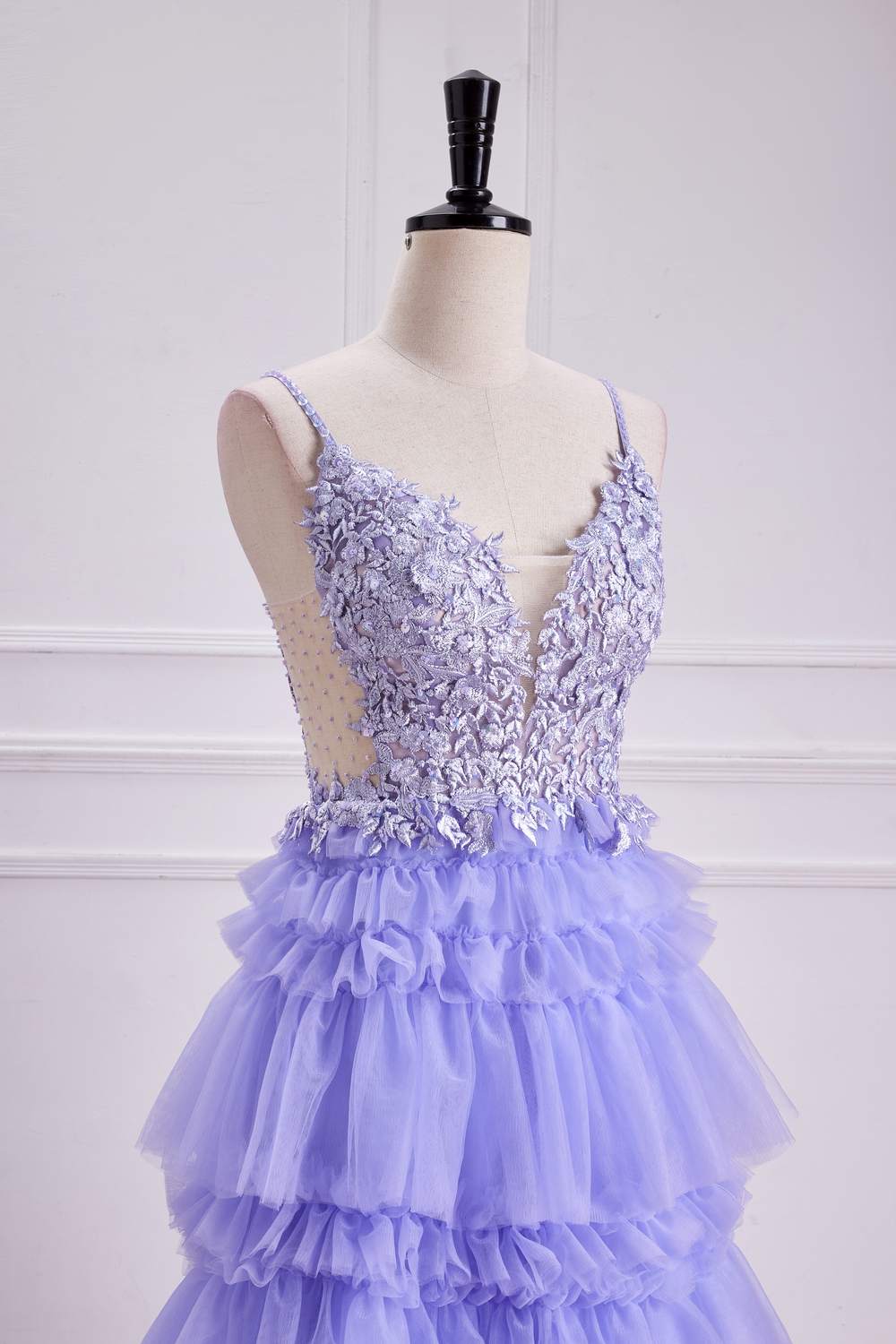 Lavender One Shoulder Appliques Lace Prom Dress