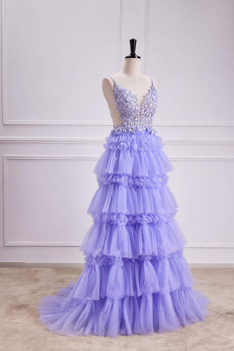A Line Lavender Spaghetti Straps V Neck Appliques Tulle Prom Dresses LBQ3251 main image 1