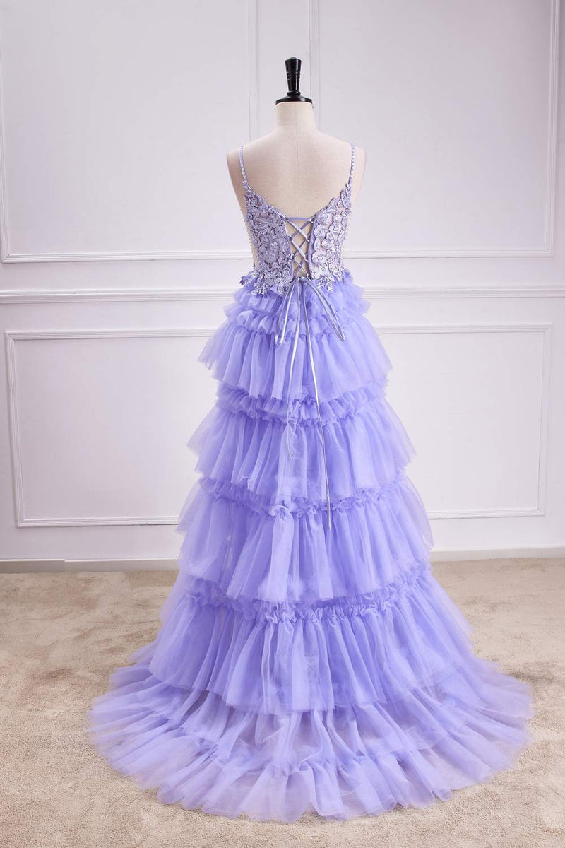 Straps Lavender V-Neck Appliques Layered Prom Dress