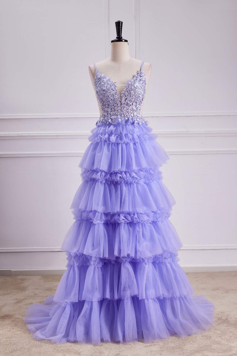 Straps Lavender V-Neck Appliques Layered Prom Dress