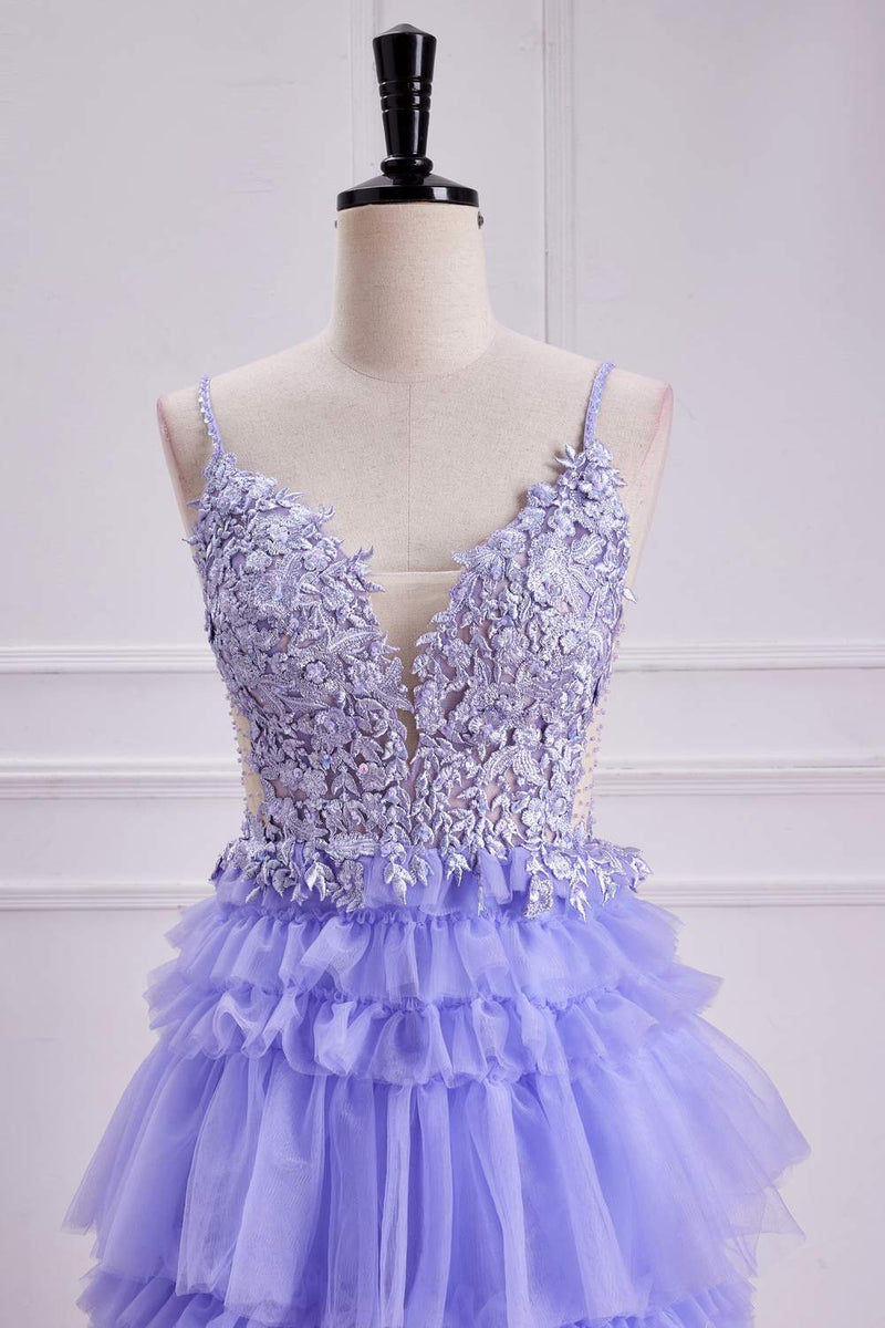 Straps Lavender V-Neck Appliques Layered Prom Dress
