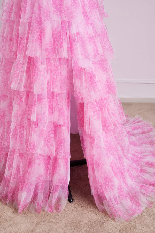 V-Neck Pink Floral Print Bow Tie Straps Ruffle Prom Dress