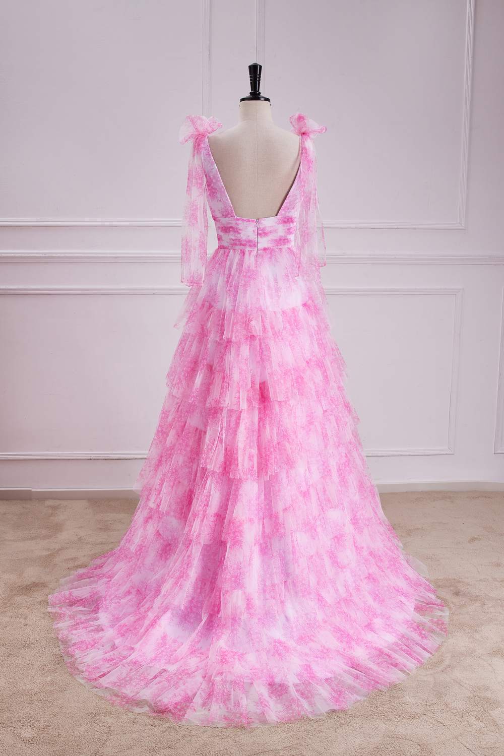 V-Neck Pink Floral Print Bow Tie Straps Ruffle Prom Dress FancyVestido V-Neck Pink Floral Print Bow Tie Straps Ruffle Prom Dress FancyVestido