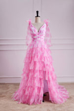 V-Neck Pink Floral Print Bow Tie Straps Ruffle Prom Dress