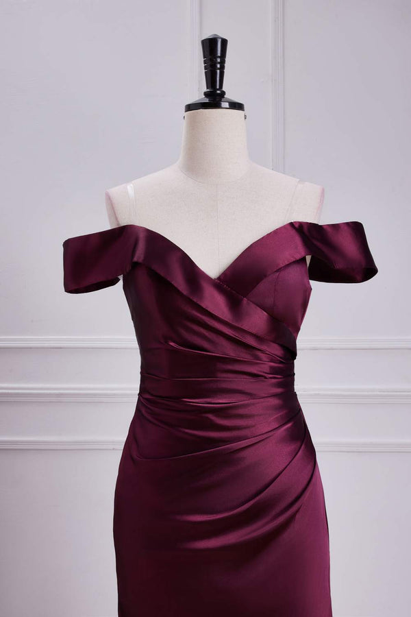 Off the Shoulder Cabernet Pleated Mermaid Bridesmaid Dress