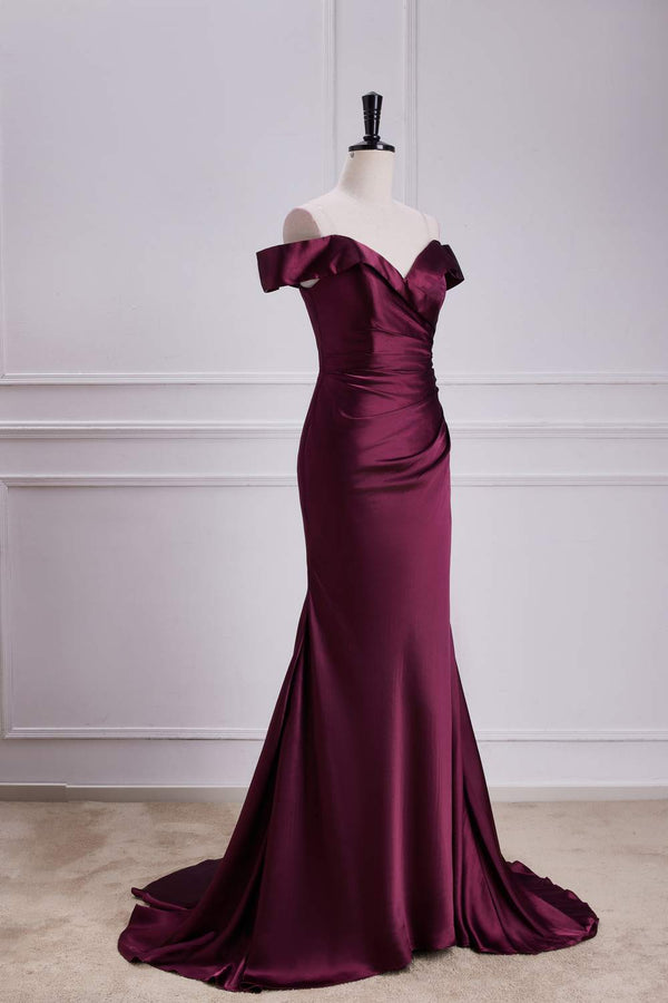 Off the Shoulder Cabernet Pleated Mermaid Bridesmaid Dress