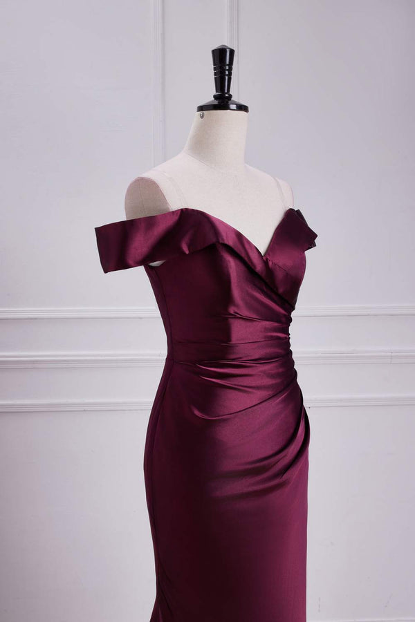 Off the Shoulder Cabernet Pleated Mermaid Bridesmaid Dress