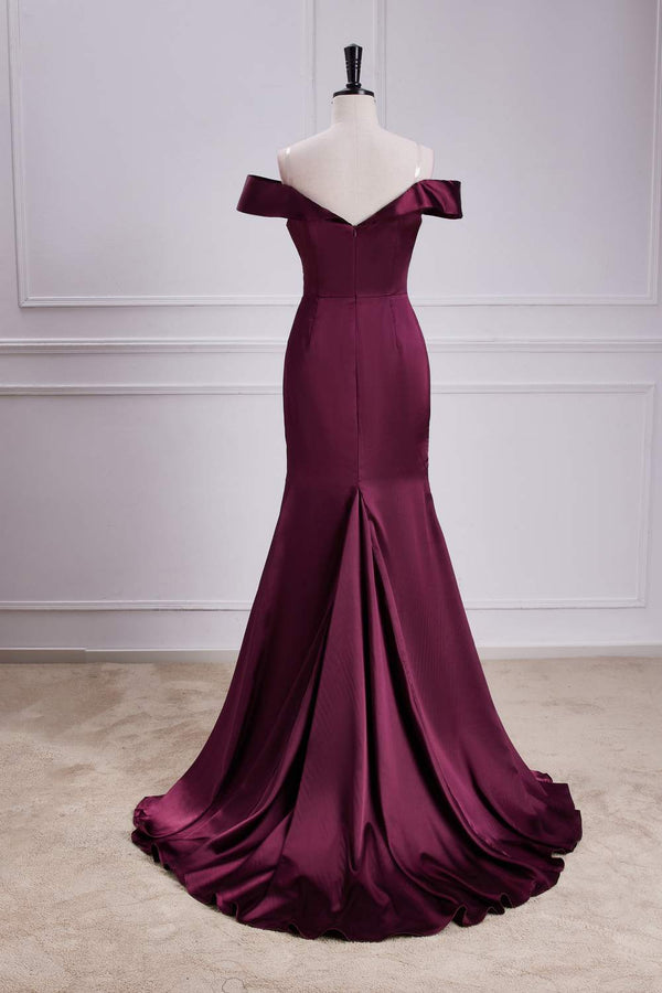 Off the Shoulder Cabernet Pleated Mermaid Bridesmaid Dress