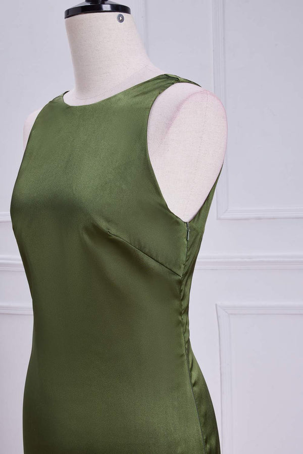 Crew Neck Olive Green Tie Straps Midi Dress