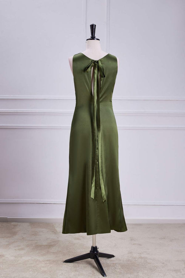 Crew Neck Olive Green Tie Straps Midi Dress