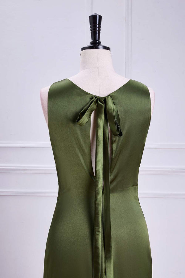 Crew Neck Olive Green Tie Straps Midi Dress