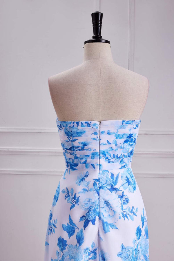 Strapless Blue Floral Print Pleated Long Prom Dress
