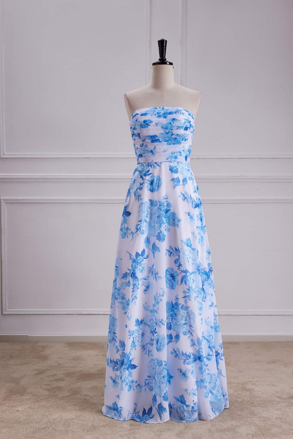 Strapless Blue Floral Print Pleated Long Prom Dress