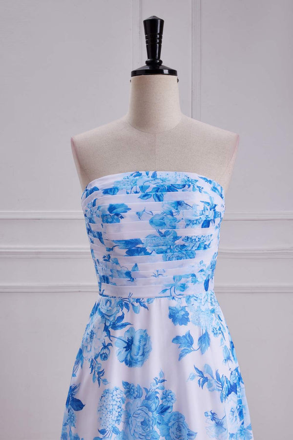 Strapless Blue Floral Print Pleated Long Prom Dress