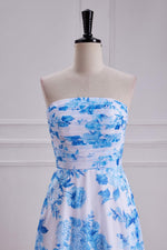 Strapless Blue Floral Print Pleated Long Prom Dress