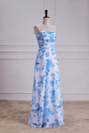 Strapless Blue Floral Print Pleated Long Prom Dress