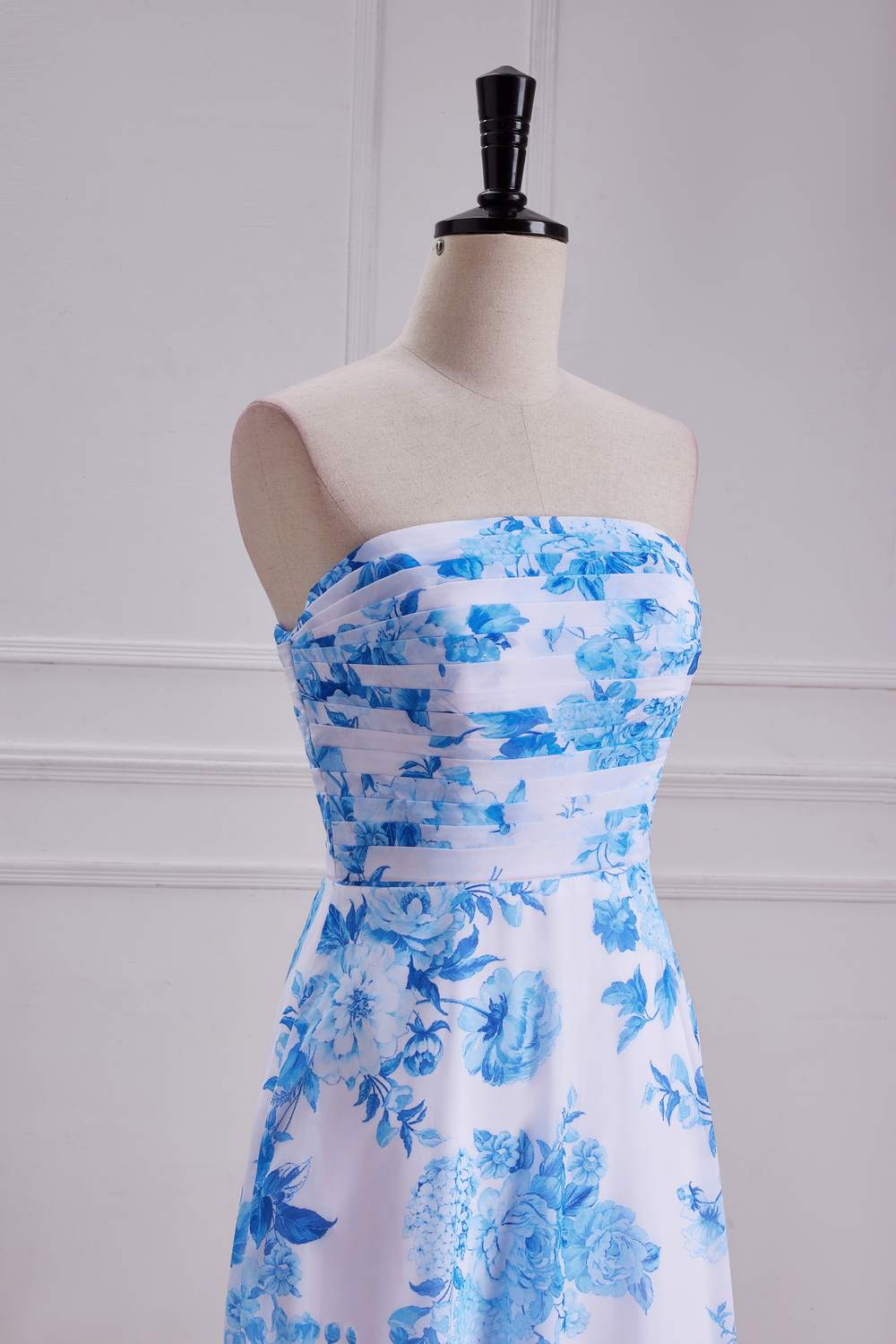 Strapless Blue Floral Print Pleated Long Prom Dress – FancyVestido