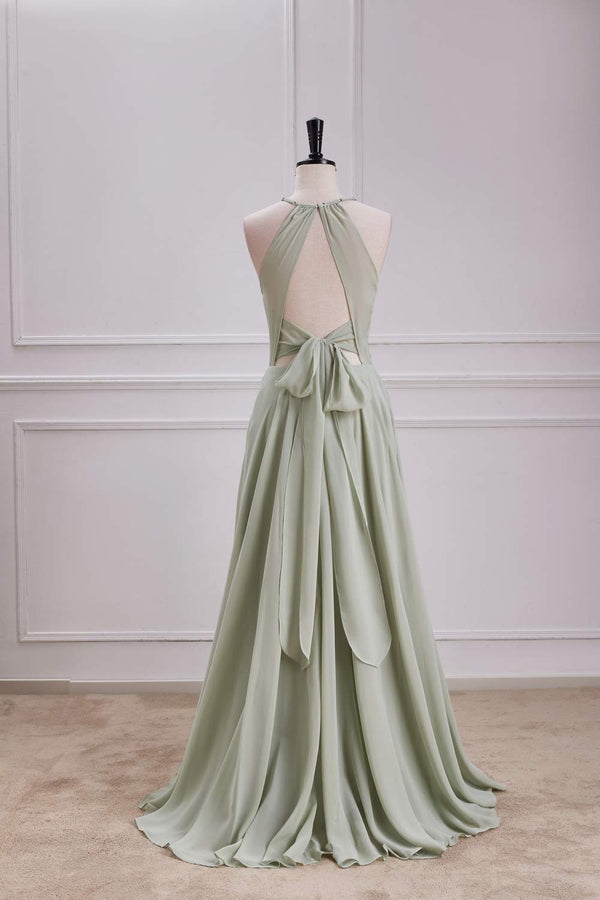 Halter Sage Keyhole Tie Back Long Maxi Dress with Slit