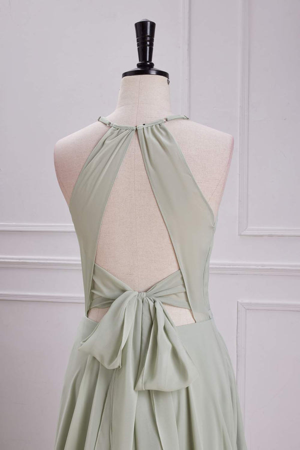Halter Sage Keyhole Tie Back Long Maxi Dress with Slit